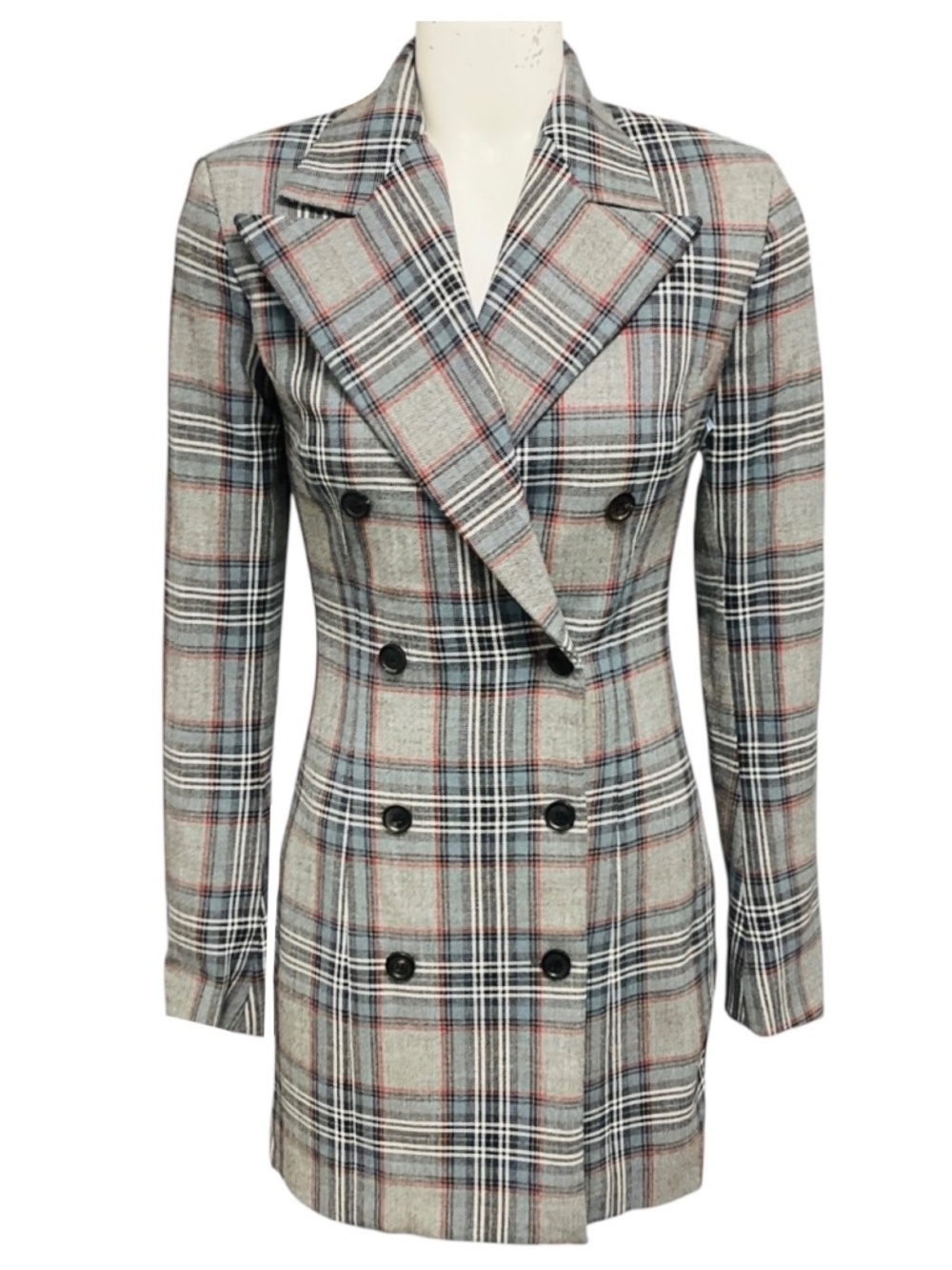 Y/PROJECT GREY / BLUE MULTI PLAID DOUBLE BREASTED BLAZER